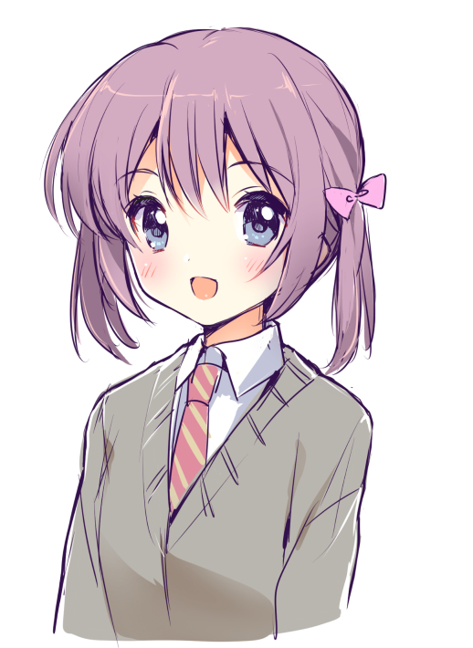 1girl blue_eyes blush bow flat_chest looking_at_viewer necktie open_mouth purple_hair short_hair simple_background smile solo usashiro_mani white_background
