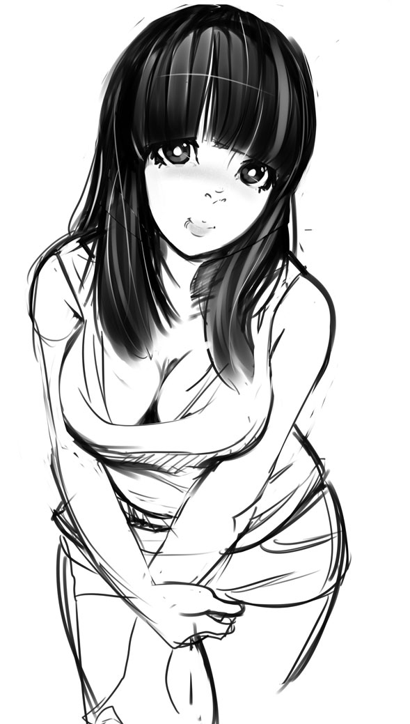breast_squeeze breasts cleavage curvy hime_cut large_breasts leaning_forward long_hair monochrome original sho-n-d shorts sketch solo v_arms