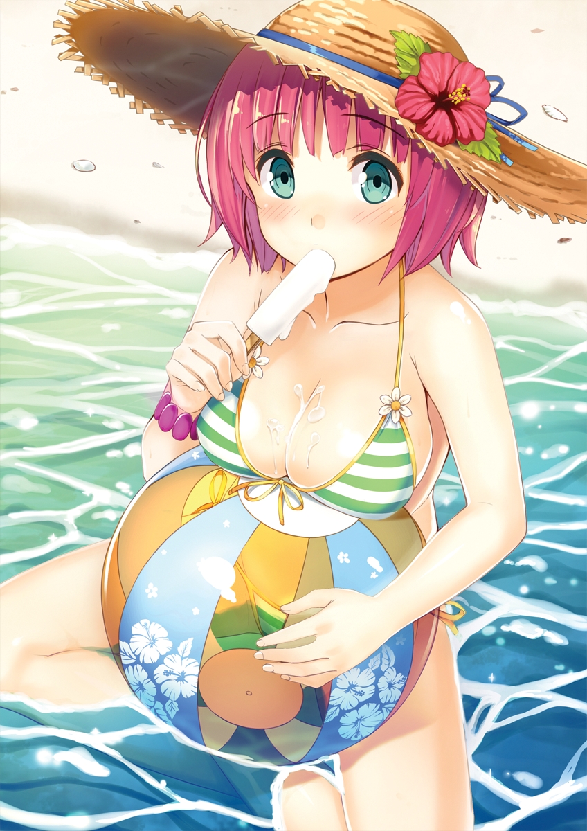 artist_request ball bare_shoulders beach beachball bikini breasts cleavage copyright_request flower front-tie_top green_eyes hat hibiscus highres indian_style large_breasts looking_at_viewer mouth_hold pink_hair popsicle short_hair side-tie_bikini sitting solo straw_hat string_bikini striped striped_bikini striped_swimsuit swimsuit water
