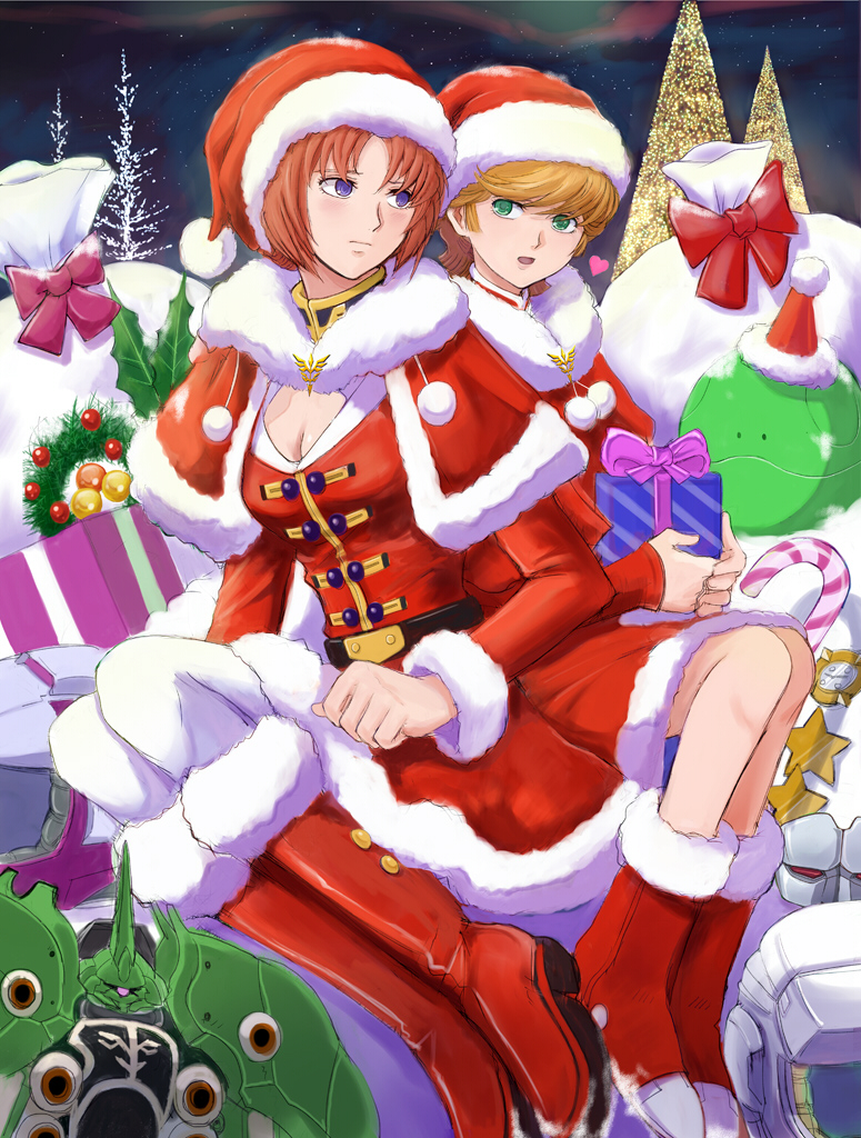 audrey_burne belt blush boots box breasts candy_cane christmas christmas_tree cleavage gacha-m gift gift_box green_eyes gundam gundam_unicorn haro hat heart helmet kshatriya leaf marida_kruz mask multiple_girls open_mouth orange_hair pantyhose pom_pom_(clothes) robot sack santa_costume santa_hat sitting sky star star_(sky) starry_sky white_legwear wreath