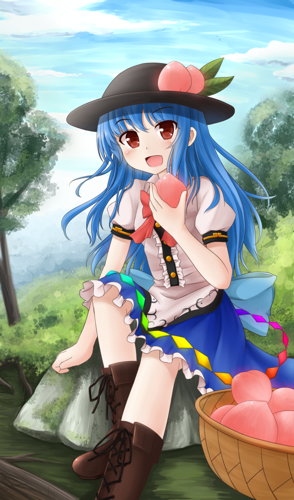 1girl basket blouse blue_hair blue_sky boots bow bush clouds cross-laced_footwear food fruit grass hat highres hinanawi_tenshi knee_up leaf long_hair looking_at_viewer moss open_mouth outdoors peach red_eyes sitting sitting_on_rock skirt sky solo touhou tree yuyumi_(yuurei)