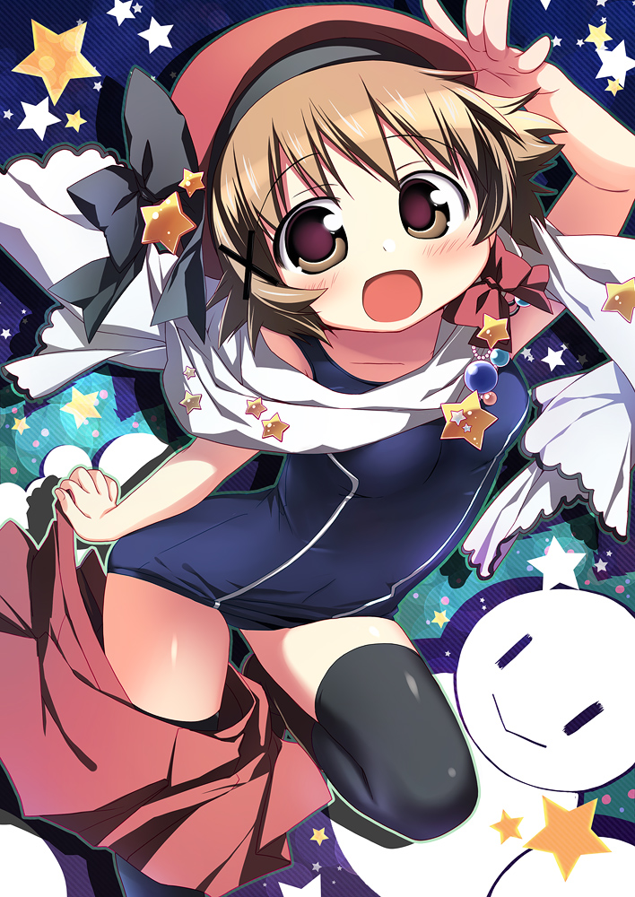 blush brown_eyes brown_hair hat hidamari_sketch looking_at_viewer nagayama_yuunon one-piece_swimsuit open_mouth scarf school_swimsuit short_hair skirt snow snowman solo swimsuit thigh-highs thighhighs undressing yuno