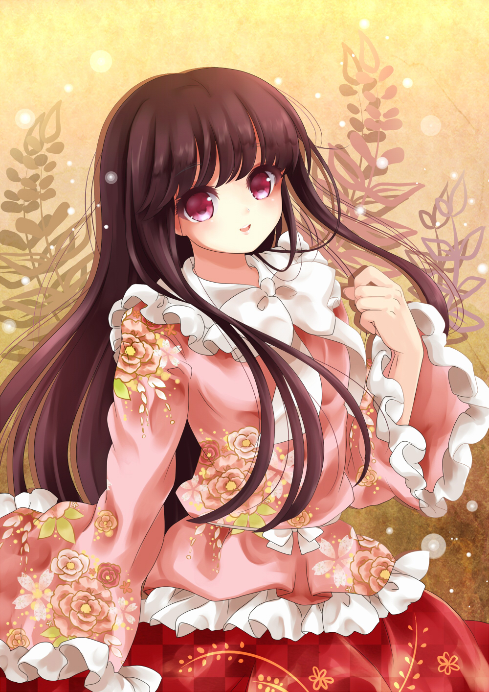 black_hair blush flower highres houraisan_kaguya long_hair long_sleeves ornate puracotte smile solo touhou very_long_hair