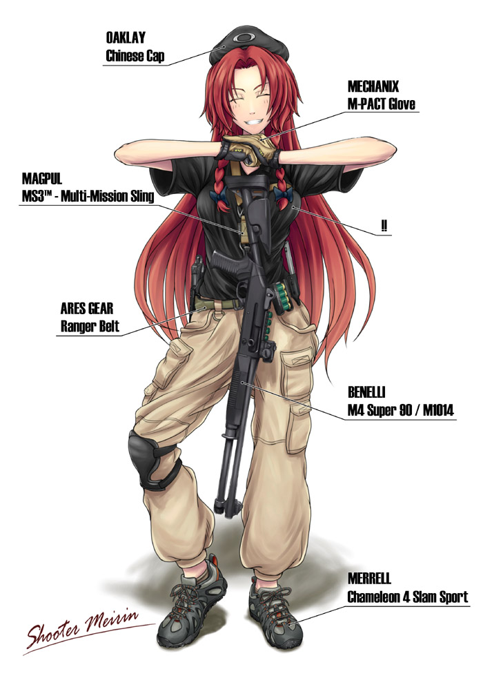 !! benelli_m1014 breasts english gloves gun handgun holster hong_meiling knee_pads long_hair operator palm-fist_greeting red_hair redhead sling smile solo strap_cleavage sunaipu_(age-zero) touhou weapon