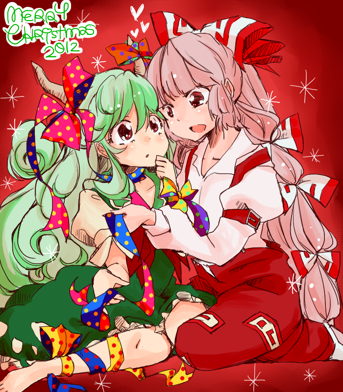 bow christmas dress ex-keine fujiwara_no_mokou green_hair hair_bow hair_ribbon horn_ribbon horns kamishirasawa_keine komaku_juushoku long_hair multiple_girls red_eyes ribbon silver_hair smile touhou