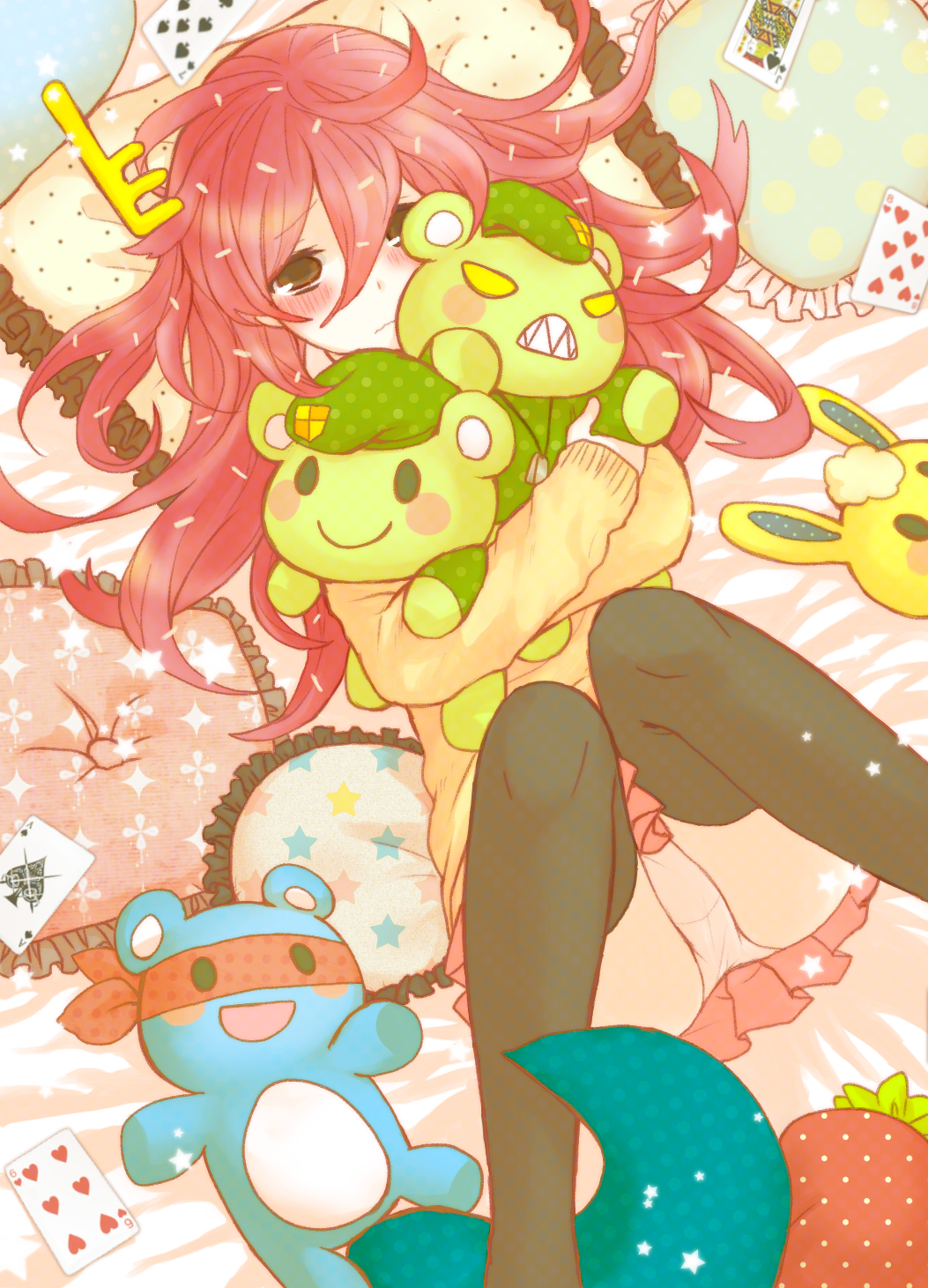 1girl animalization blonde_hair blue_hair blush brown_eyes cuddles embarrassed flaky flippy gijinka green_hair happy_tree_friends highres hug laying_down long_hair looking_at_viewer lumpy lying mascot mask mondo_(company) panties personification pillow poker puppet red_hair redhead short_hair skirt splendid stuffed_animal stuffed_moose stuffed_rabbit stuffed_squirrel teddy_bear underwear