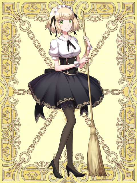1girl bangs black_bow black_footwear black_legwear black_ribbon black_skirt blonde_hair blush bow breasts broom chain closed_mouth commentary_request corset eyebrows_visible_through_hair full_body green_eyes hair_bow high_heels holding holding_broom kerberos_blade large_breasts looking_at_viewer maid maid_headdress natsuya_(kuttuki) neck_ribbon pantyhose puffy_short_sleeves puffy_sleeves ribbon shirt short_hair short_sleeves skirt smile solo white_shirt yellow_bow