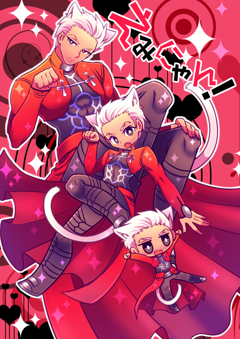adult animal_ears archer cat_ears cat_tail chibi chiharudaaaaaaa fate/stay_night fate_(series) grey_eyes kemonomimi_mode multiple_boys multiple_persona paw_pose tail translated white_hair young
