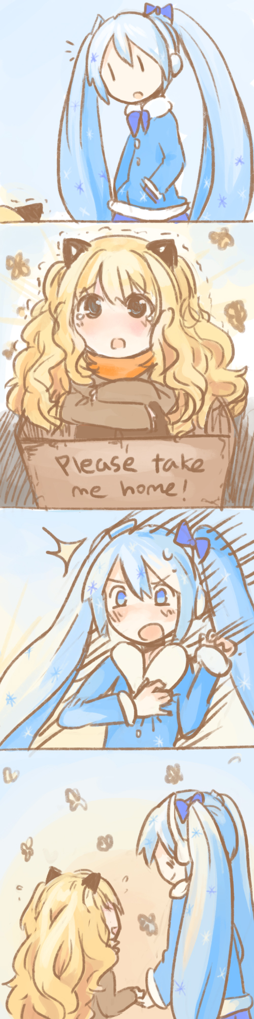 4koma animal_ears anonymous_drawfag blonde_hair blue_eyes blue_hair box cardboard_box cat_ears comic earmuffs english for_adoption hand_holding hands_in_pockets hatsune_miku highres holding_hands in_box in_container knees_on_chest long_hair mittens multiple_girls scarf seeu silent_comic snowflakes tears trembling twintails vocaloid yuki_miku