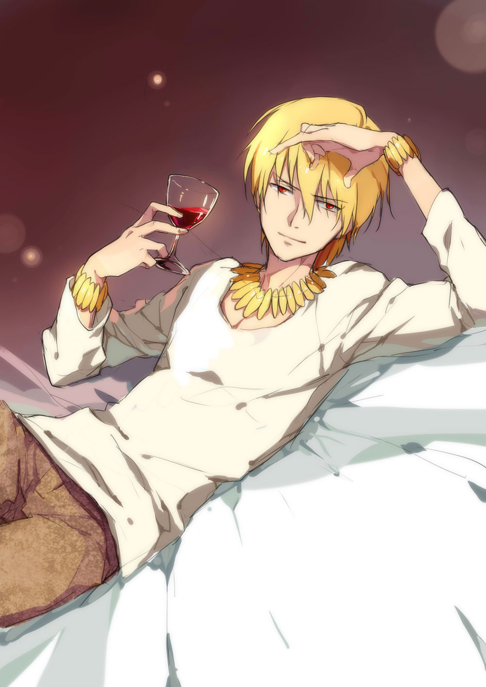 blonde_hair bracelet cup fate/zero fate_(series) gilgamesh highres jewelry linjie necklace red_eyes solo wine wine_glass