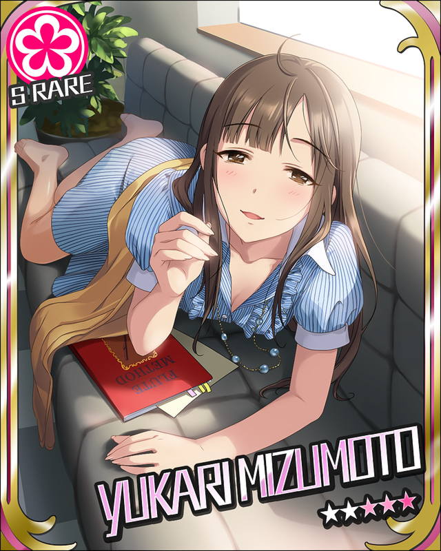 1girl barefoot blush brown_eyes brown_hair character_name couch idolmaster idolmaster_cinderella_girls jewelry jpeg_artifacts long_hair looking_at_viewer lying mizumoto_yukari necklace official_art on_stomach pinstripe_pattern plant potted_plant solo waking_up window