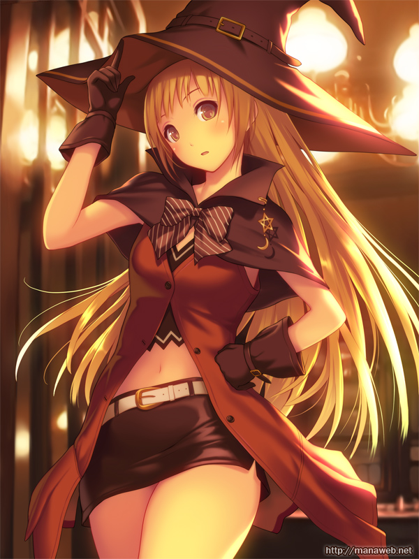 1girl belt black_gloves blonde_hair bow capelet crescent female gloves grey_eyes hand_on_hat hand_on_hip hat long_hair looking_at_viewer mana_kakkowarai midriff miniskirt navel open_clothes open_coat original pentagram shirt skirt solo very_long_hair witch witch_hat