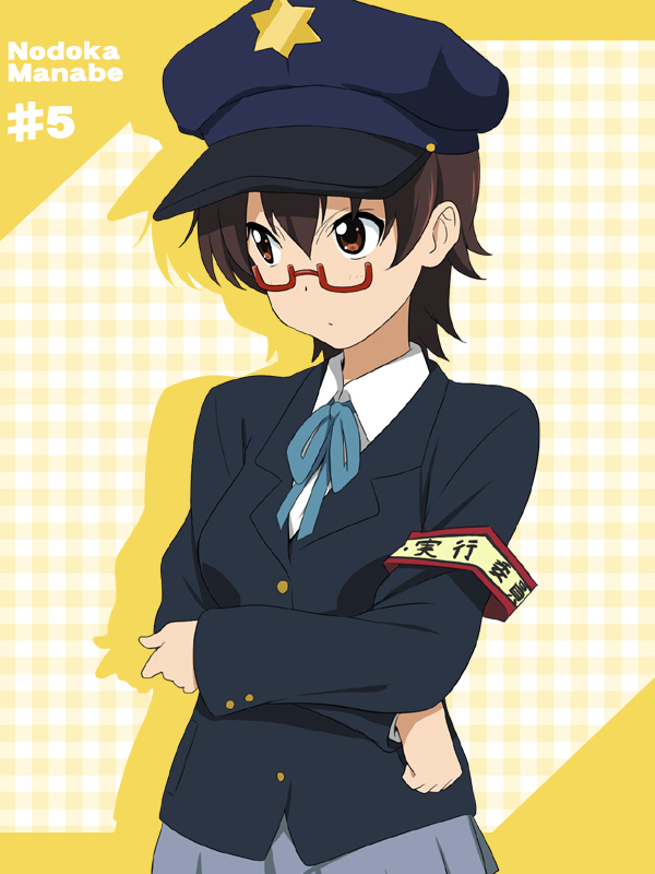 blazer blush brown_eyes brown_hair crossed_arms glasses hat ikari_manatsu k-on! looking_away manabe_nodoka peaked_cap plaid plaid_background police_hat red-framed_glasses ribbon school_uniform short_hair skirt solo