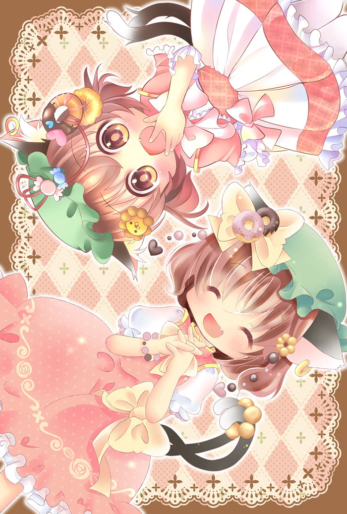 alternate_costume animal_ears bow bracelet brown_background brown_hair cat_ears cat_tail checkered checkered_background chen closed_eyes covering_mouth doughnut dress dual_persona eyes_closed fang hair_ornament hands_clasped hat hat_ribbon heart jewelry mister_donut multiple_tails open_mouth pantyhose pon_de_lion ribbon short_hair short_sleeves single_earring tail takamoto_akisa touhou