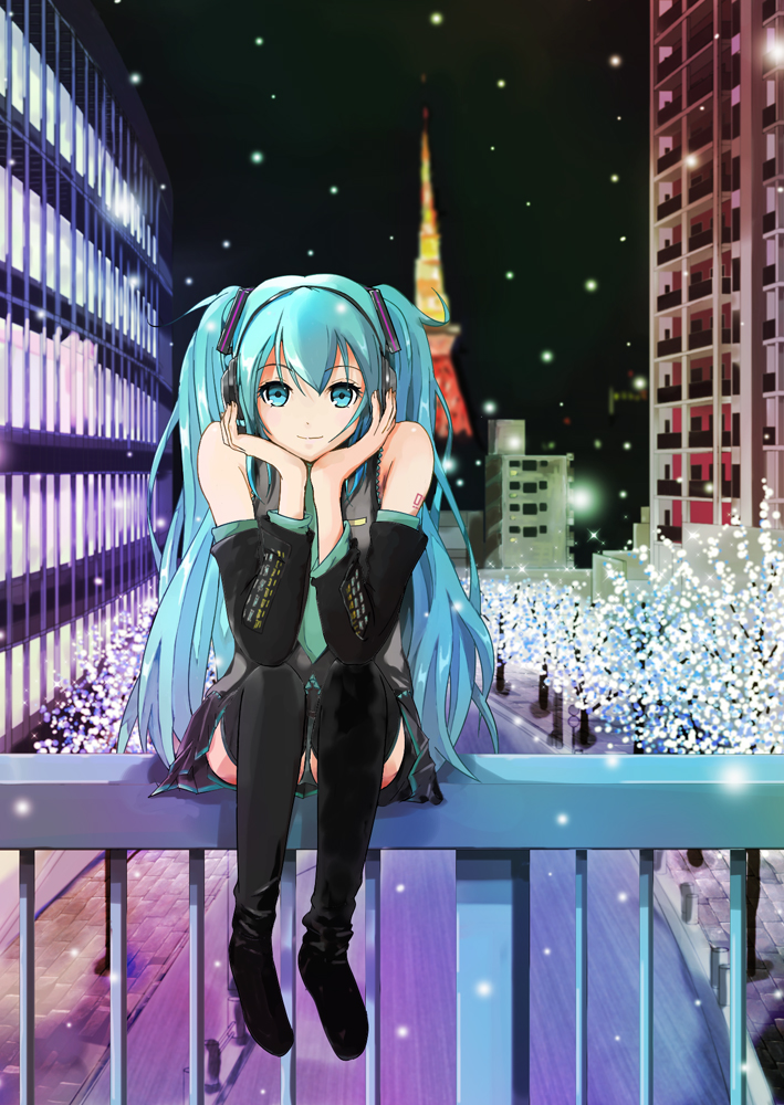 aqi aqua_eyes aqua_hair chin_rest chinrest detached_sleeves hatsune_miku headphones long_hair looking_at_viewer necktie railing sitting skirt snow solo thigh-highs thighhighs tokyo_tower twintails very_long_hair vocaloid