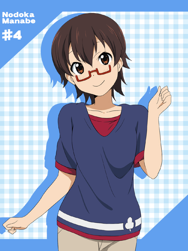 blush brown_eyes brown_hair glasses ikari_manatsu k-on! looking_at_viewer manabe_nodoka plaid plaid_background red-framed_glasses short_hair smile solo