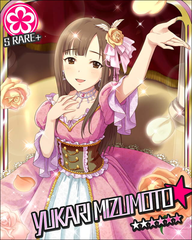 arm_up brown_eyes brown_hair character_name corset dress flower frills hair_flower hair_ornament idolmaster idolmaster_cinderella_girls jewelry jpeg_artifacts light_smile long_hair long_skirt looking_at_viewer mizumoto_yukari necklace official_art petals pink_dress rose rose_petals skirt solo stage