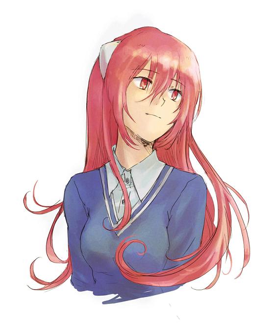bust casual elfen_lied hl_(spk) horns light_smile long_hair looking_away lucy red_eyes red_hair solo white_background