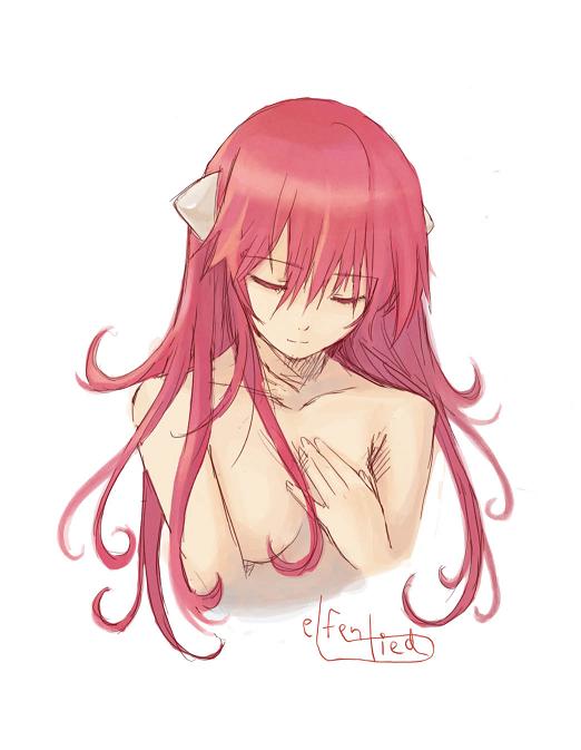 bare_shoulders closed_eyes elfen_lied eyes_closed hair_between_eyes hand_on_own_chest hl_(spk) horn long_hair lucy nude red_hair redhead solo title_drop