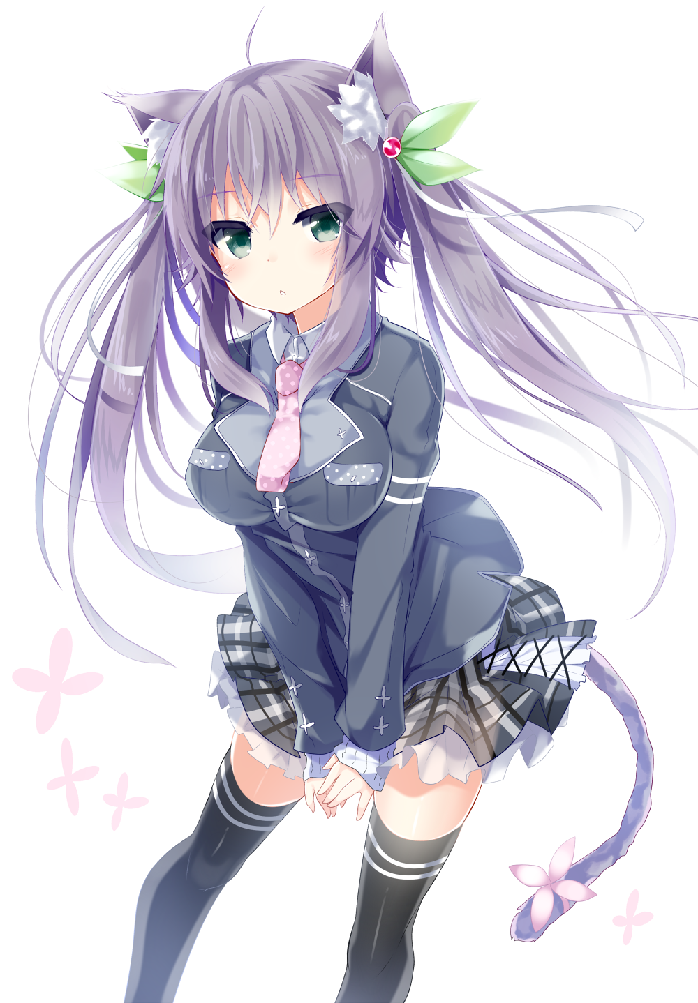animal_ears black_legwear breasts cat_ears cat_tail copyright_request covering covering_crotch green_eyes highres kazu_kakao long_sleeves necktie nekomimi purple_hair school_uniform skirt tail thigh-highs thighhighs twintails