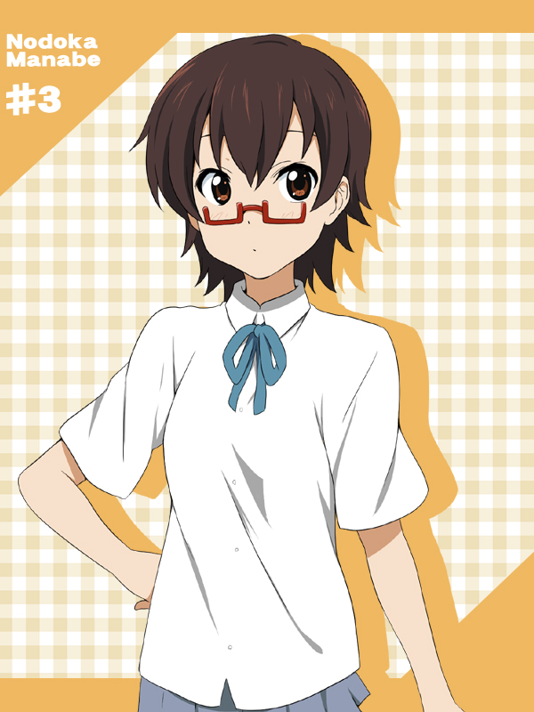 blush brown_eyes brown_hair glasses hand_on_hip ikari_manatsu k-on! looking_away manabe_nodoka plaid plaid_background red-framed_glasses ribbon school_uniform short_hair skirt solo