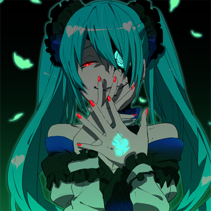 bare_shoulders eyepatch hair_ornament hair_over_one_eye hatsune_miku long_hair looking_at_viewer lowres nail_polish red_eyes shuri_(84k) smile solo twintails very_long_hair vocaloid yandere_trance