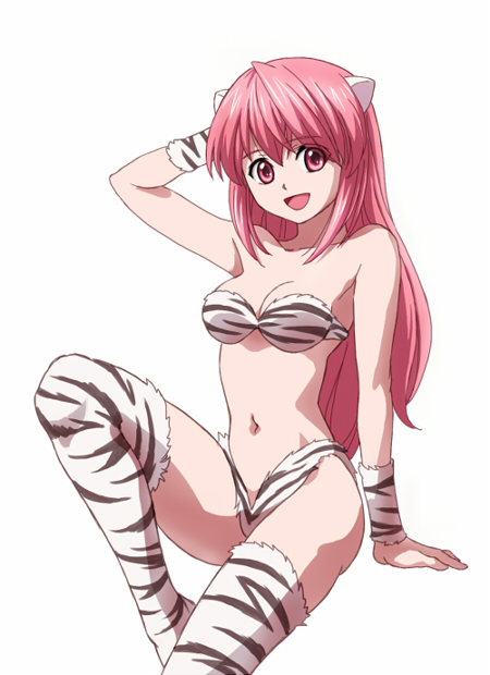 1girl :d arm_support arm_up bandeau bare_shoulders bikini breasts cleavage cosplay elfen_lied horns lum lum_(cosplay) navel nyuu official_style open_mouth orange541 sitting smile solo swimsuit thigh-highs thighhighs tiger_print urusei_yatsura white_background