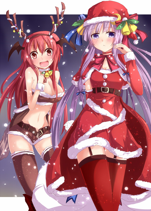 :&lt; animal_costume antlers bag bat_wings bell bell_collar belt blush bow breasts brown_legwear capelet cleavage collar crescent detached_sleeves garter_straps hat head_wings koakuma large_breasts legs long_hair multiple_girls open_clothes open_coat open_mouth patchouli_knowledge purple_eyes purple_hair ram_hachimin red_eyes red_hair red_legwear redhead reindeer reindeer_(cosplay) reindeer_antlers reindeer_costume santa_costume short_shorts shorts smile snowing thigh-highs thigh_gap thighhighs touhou unbuckled_belt very_long_hair violet_eyes wings wrist_cuffs zettai_ryouiki