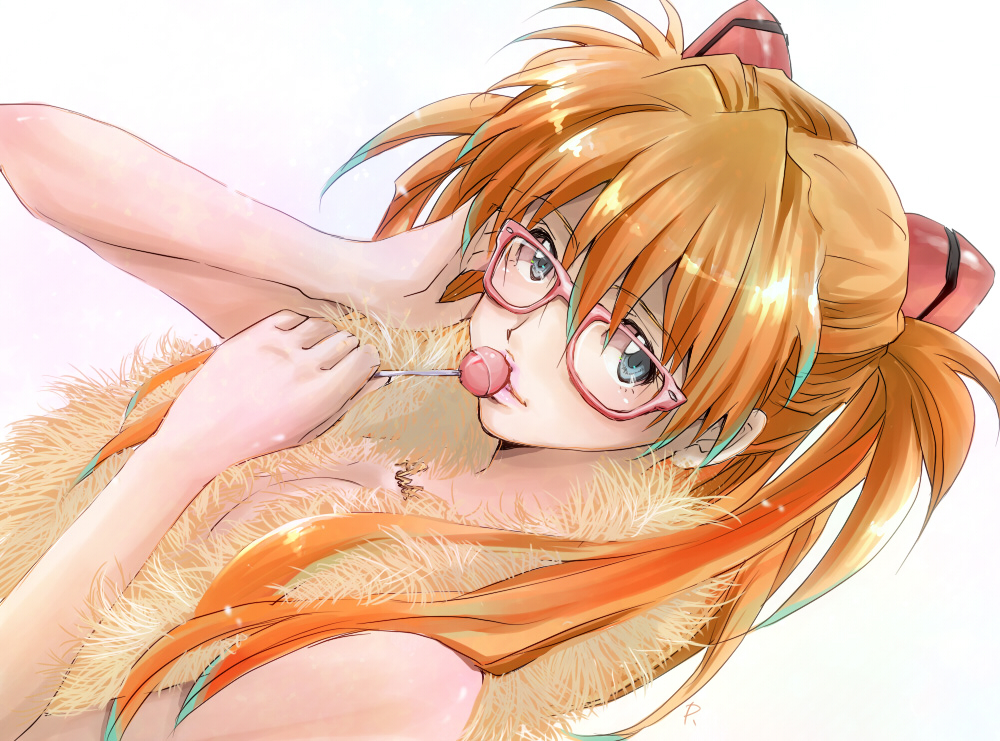 alternate_hairstyle bespectacled blue_eyes breasts brown_hair bust candy chingcame cleavage feather_boa glasses hair_ornament hand_in_hair lollipop long_hair looking_at_viewer nagisa-a naked_scarf neon_genesis_evangelion rebuild_of_evangelion scarf shikinami_asuka_langley solo soryu_asuka_langley souryuu_asuka_langley topless twintails