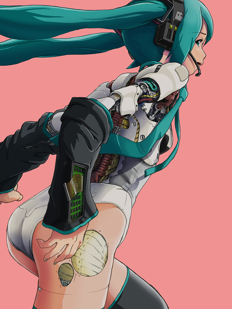 android aqua_eyes aqua_hair ass black_legwear detached_sleeves hatsune_miku headset long_hair looking_back necktie parts_exposed pink_background simple_background solo sukabu thigh-highs thighhighs twintails vocaloid