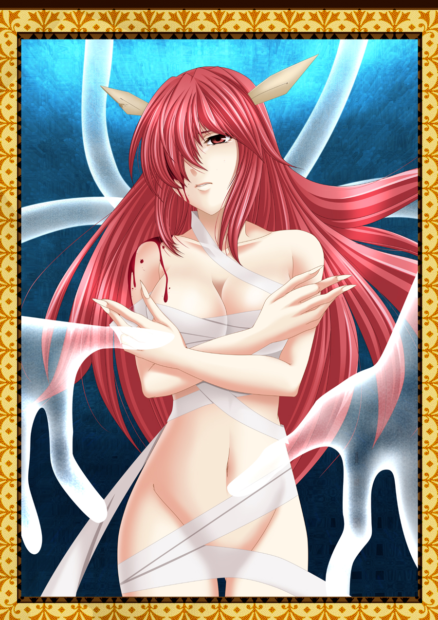 bandage bandages blood claws collarbone crossed_arms elfen_lied fingernails frame hair_over_one_eye highres horns long_fingernails long_hair lucy mako5555 red_eyes red_hair redhead solo vectors