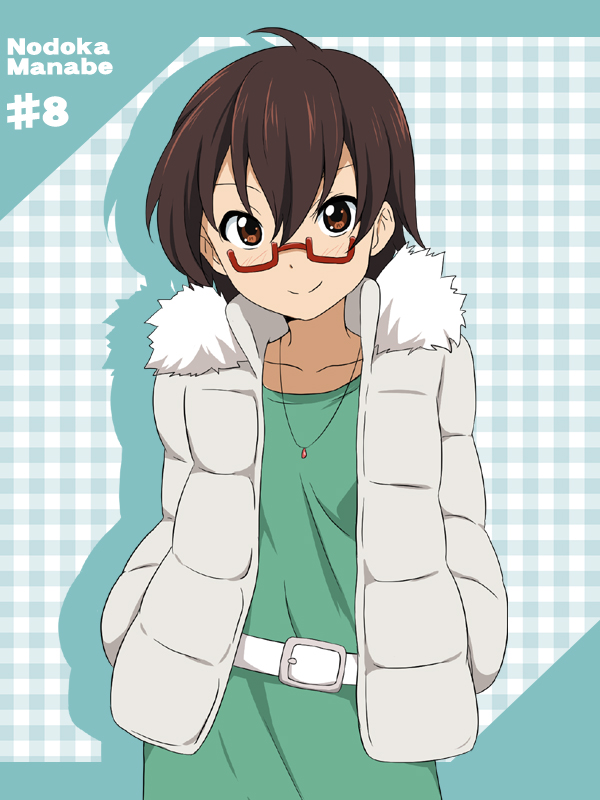 ahoge belt blush brown_eyes brown_hair casual dress fashion fur_trim glasses hands_in_pockets ikari_manatsu jacket jewelry k-on! looking_at_viewer manabe_nodoka necklace plaid plaid_background red-framed_glasses semi-rimless_glasses short_hair smile solo under-rim_glasses