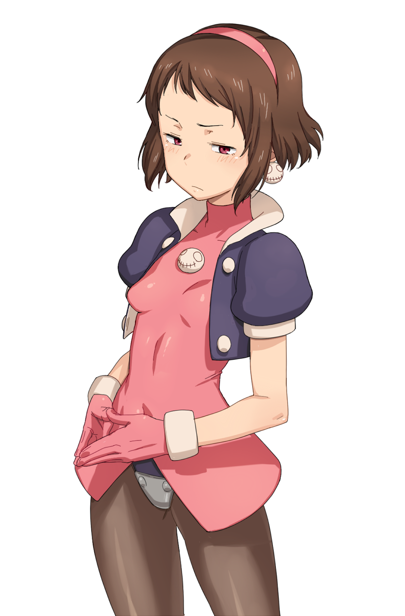 blush brown_hair buttons cosplay cropped_jacket crotch_plate earrings gloves hairband hands_together highres hyouka ibara_mayaka jewelry pantyhose pink_gloves puffy_sleeves red_eye red_eyes rockman rockman_dash short_hair simple_background skull solo tenchisouha tron_bonne tron_bonne_(cosplay) turtleneck white_background