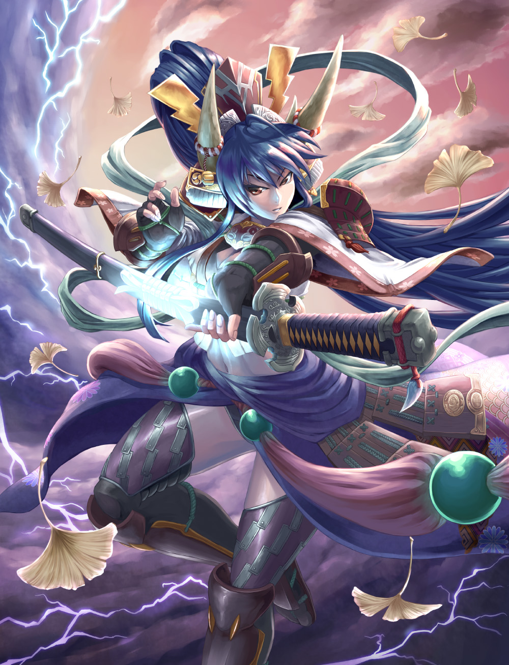 armor black_gloves blue_hair breasts brown_eyes cleavage cloud clouds fingerless_gloves gloves glowing helmet highres horns japanese_clothes katana lightning long_hair maple_seed midriff navel seed sengoku_taisen sengoku_taisen_illustration_contest_3 solo sword tachibana_ginchiyo_(sengoku_taisen) tak_(takumi_fortitude) very_long_hair weapon