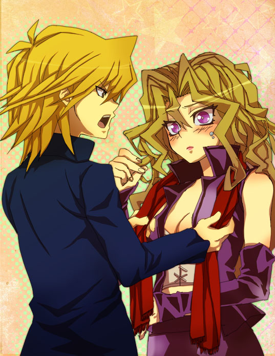 1girl bare_shoulders blonde_hair blush detached_sleeves gakuran godxdog jounouchi_katsuya kujaku_mai polka_dot polka_dot_background popped_collar purple_eyes scarf school_uniform star vest violet_eyes yu-gi-oh! yuu-gi-ou yuu-gi-ou_duel_monsters