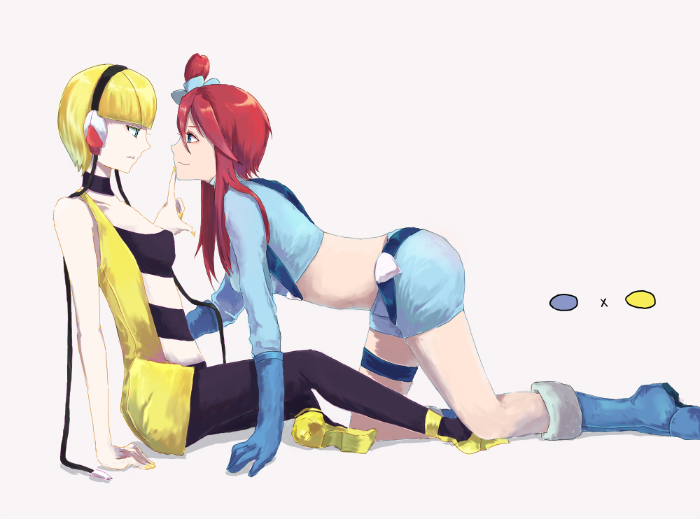 all_fours blonde_hair bookshelf bow cable choker elbow_gloves finger_to_mouth fuuro_(pokemon) gloves gym_leader hair_bow headphones hometown kamitsure_(pokemon) long_hair multiple_girls naughty_face pantyhose pokemon pokemon_(game) pokemon_bw red_hair redhead short_hair short_shorts shorts smile thigh_strap topknot yuri