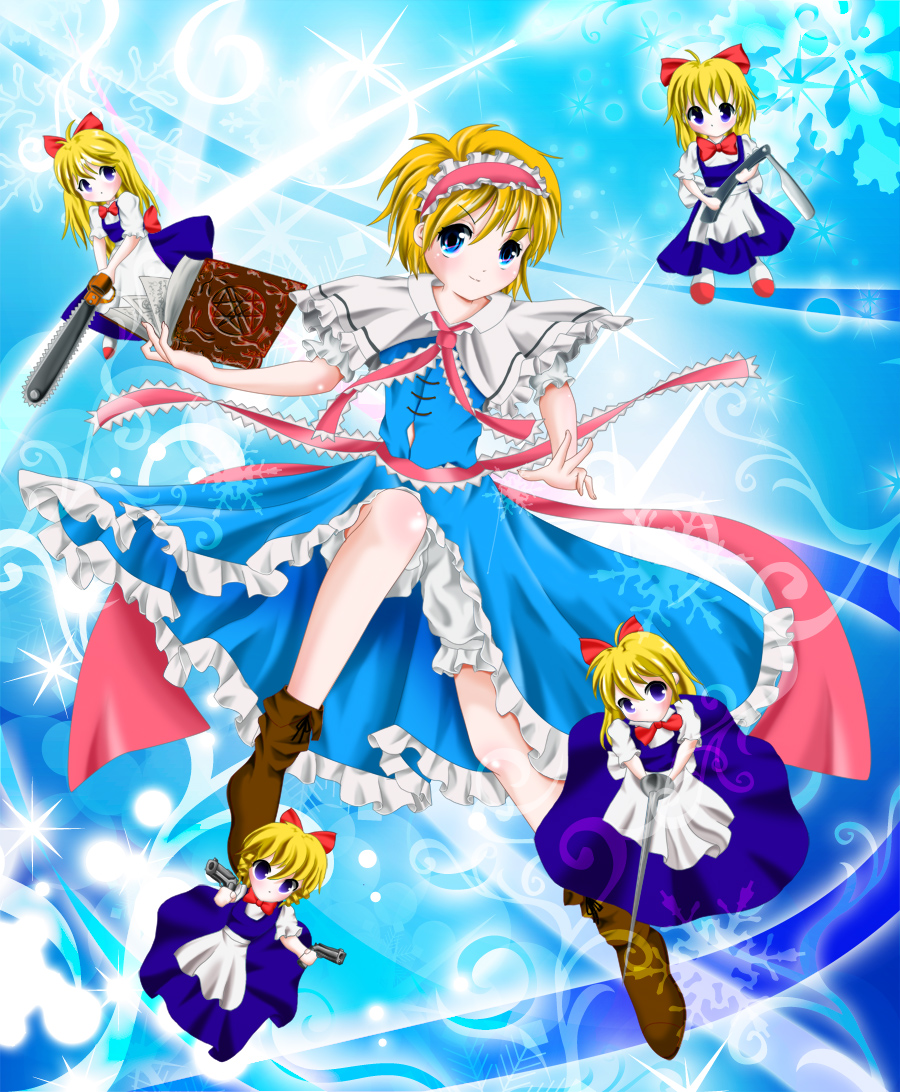 alice_margatroid at_kiwi blonde_hair bloomers blue_background blue_dress blue_eyes book boots bow capelet chainsaw dress epee flying gun hair_bow headband leg_up light_particles light_trace light_trail open_hand pistol ribbon sash shanghai shanghai_doll short_hair snowflakes straight_razor touhou weapon