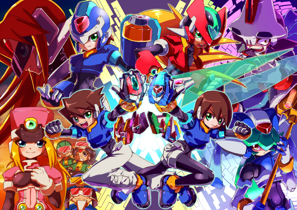 6+boys aile android arm_cannon armor blonde_hair blue_eyes blush bodysuit breasts brown_hair dress energy_sword girouette gloves green_eyes hat helmet lance model_x model_z model_zx multiple_boys multiple_girls pandora_(rockman) pantas pants polearm ponytail prairie prometheus red_eyes robot_ears rockman rockman_zx shirt short_hair shorts smile spandex suteito sword vent visor weapon