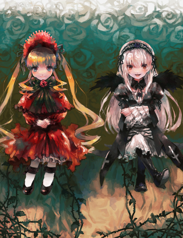 aoki_(fumomo) blonde_hair bonnet boots bowtie capelet drawr dress flower frilled_sleeves gothic_lolita hairband high_heels lolita_fashion long_hair mary_janes multiple_girls red_dress rose rozen_maiden shinku shoes silver_hair sitting souseiseki suigintou twintails vines white_rose wings