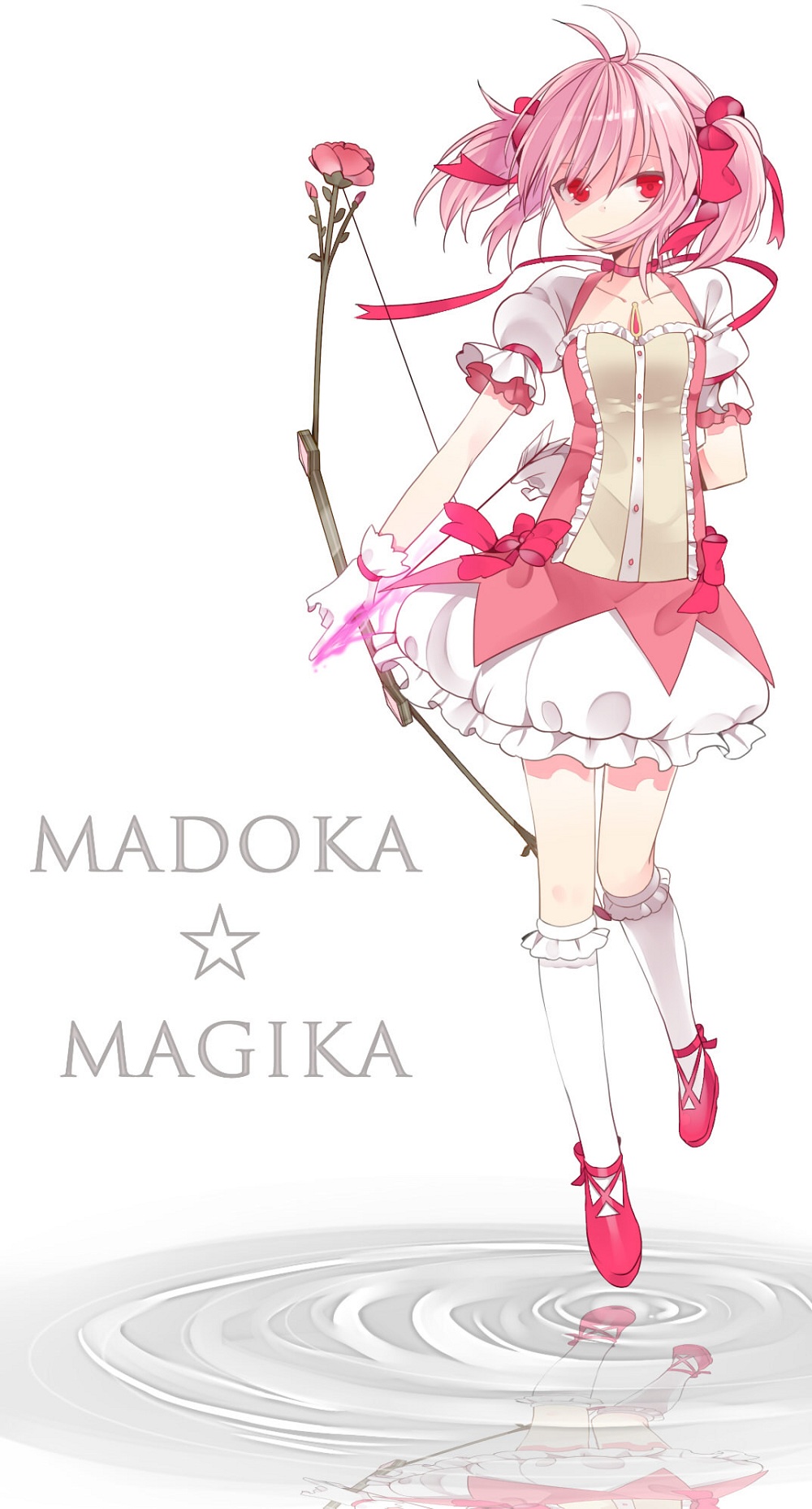 arm_behind_back arrow bow bow_(weapon) bubble_skirt collarbone covered_mouth hair_bow highres jewelry kaname_madoka kneehighs lari looking_at_viewer magical_girl mahou_shoujo_madoka_magica pendant pink_hair puffy_sleeves red_eyes red_shoes reflection ribbon_choker shoes short_hair short_sleeves short_twintails solo twintails water weapon white_legwear