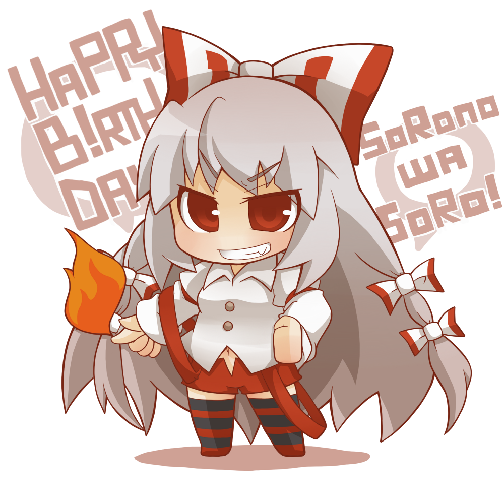 chibi fang fire fujiwara_no_mokou grin gurageida hair_bow hair_ribbon long_hair red_eyes ribbon silver_hair smile suspenders thighhighs touhou