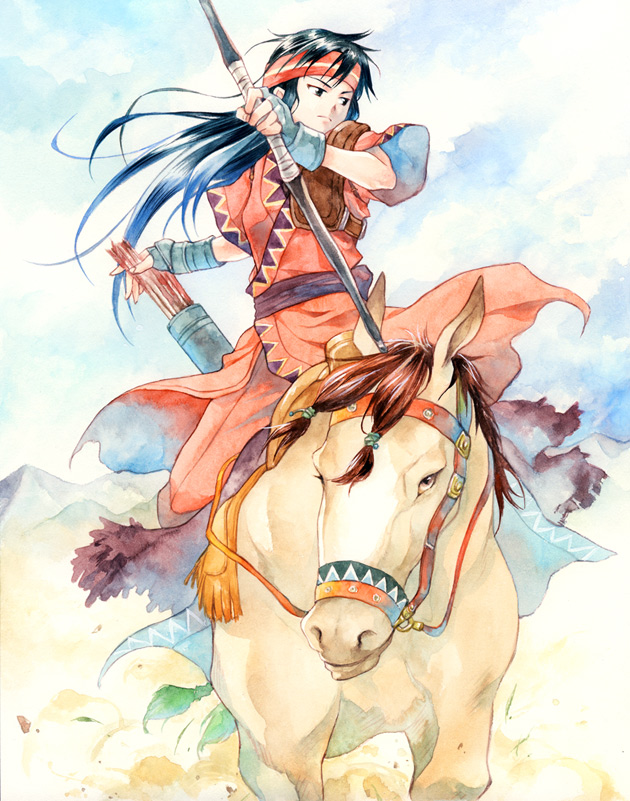 arrow black_eyes black_hair bow_(weapon) dust_cloud fire_emblem fire_emblem:_fuuin_no_tsurugi fire_emblem_fuuin_no_tsurugi headband horse long_hair mountain riding sue_(fire_emblem) traditional_media weapon