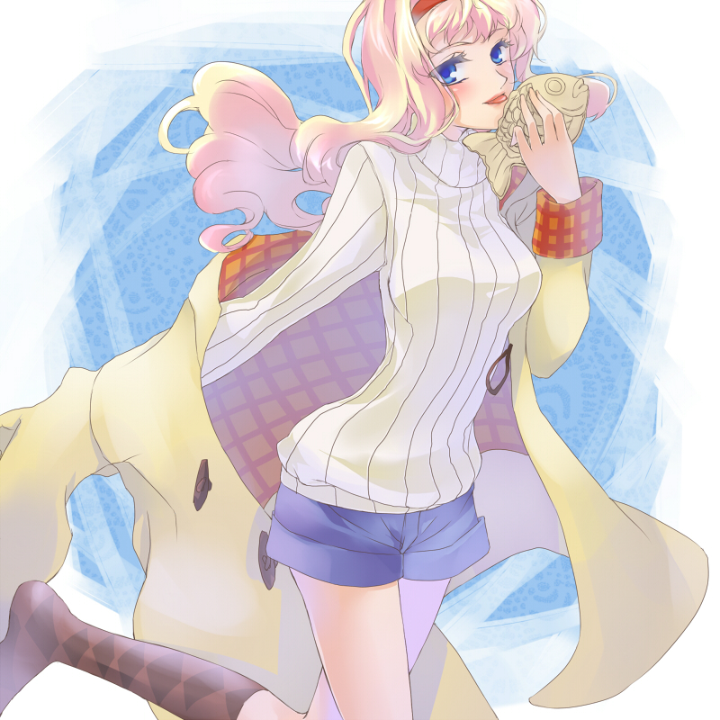 :p blonde_hair blue_eyes coat cosplay food headband kanon long_hair macross macross_frontier parody sheryl_nome shorts socks solo strib_und_werde sweater taiyaki tongue tsukimiya_ayu tsukimiya_ayu_(cosplay) wagashi