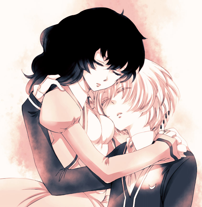 breasts closed_eyes couple crossdressing dress hug kumonosuke monochrome mytho mythos pink princess princess_tutu rue rue_(princess_tutu) short_hair trap