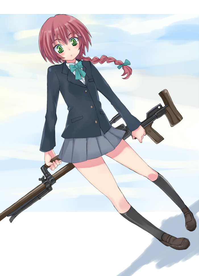 blush braid darker_than_black flat_chest green_eyes gun legs loli long_hair ptrd-41 red_hair redhead regu rifle school_uniform skirt sniper_rifle socks suou_pavlichenko weapon