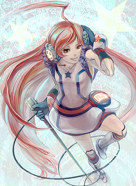:d ahoge akashiba android belt boots dress earmuffs hand_on_earmuffs hand_on_headphones headphones headset kneehighs long_hair microphone microphone_stand miki_(vocaloid) red_eyes redhead robot_joints smile socks solo striped striped_gloves striped_kneehighs tongue very_long_hair vocaloid wrist_cuffs