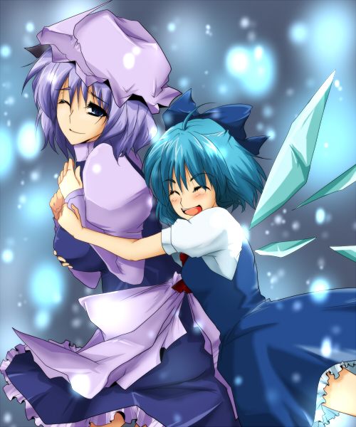 blue_eyes bow breast_grab breasts cirno closed_eyes hair_bow hat hug ice ifuji_sakura letty_whiterock multiple_girls purple_hair short_hair smile touhou wings wink