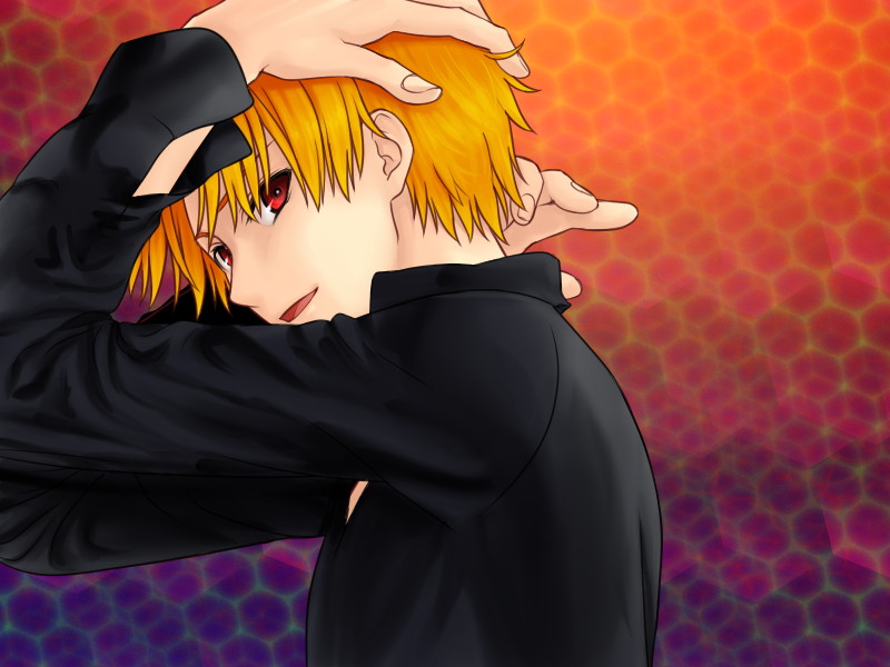 blonde_hair looking_back male mukki red_eyes smile solo suiga_sora utau