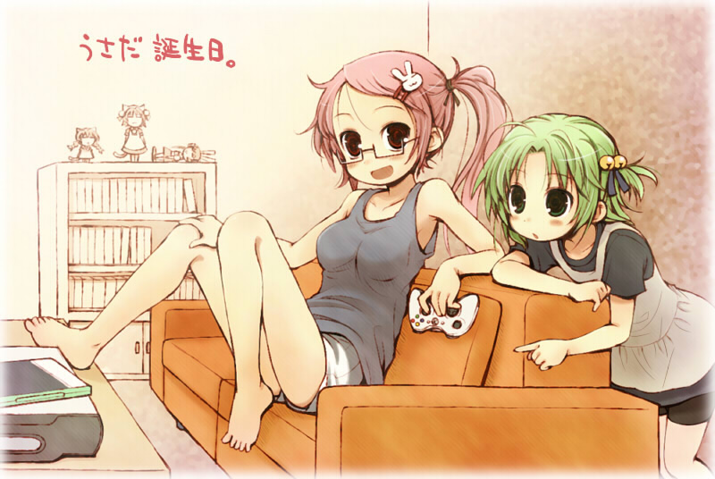 barefoot bell book bookshelf couch dejiko di_gi_charat doll feet flat_chest glasses green_eyes green_hair hair_ornament hairclip jingle_bell leaning legs_up loli pink_hair ponytail red_eyes saxyun short_hair shorts sitting tank_top usada_hikaru xbox