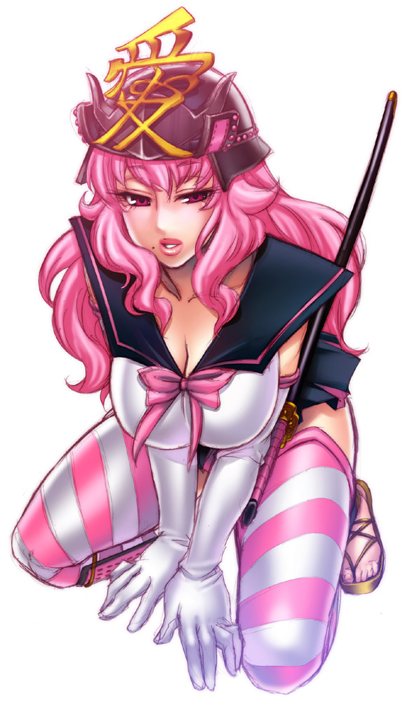 breast_squeeze breasts chiba_toshirou cleavage elbow_gloves gloves helmet kabuto katana kneeling large_breasts lipstick long_hair mole onegai!_ranking onegai_pink pink_eyes pink_hair pink_lipstick samurai_helmet sandals sheath sheathed simple_background solo striped striped_legwear striped_thighhighs sword thigh-highs thighhighs v_arms weapon